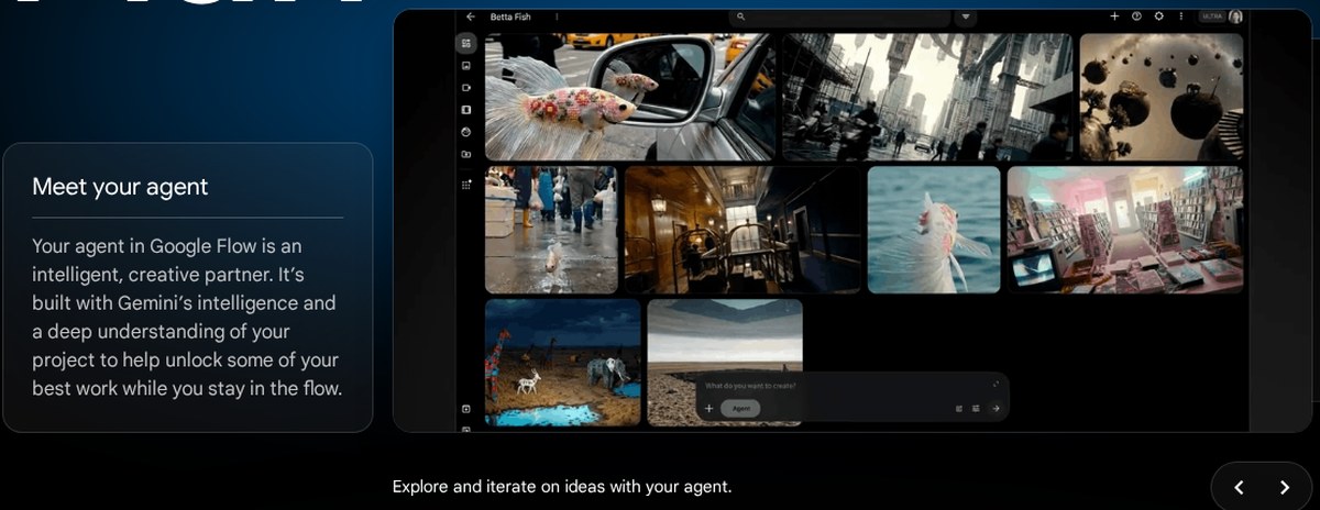 Het onderdeel Plan in Google Flow: 'Meet your agent', met daarnaast een project met tientallen gegenereerde shots