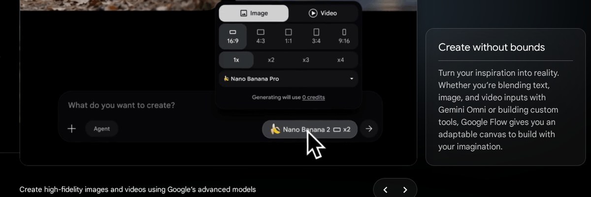 Het onderdeel Create in Google Flow met keuze tussen beeld en video, beeldverhoudingen en het gekozen model