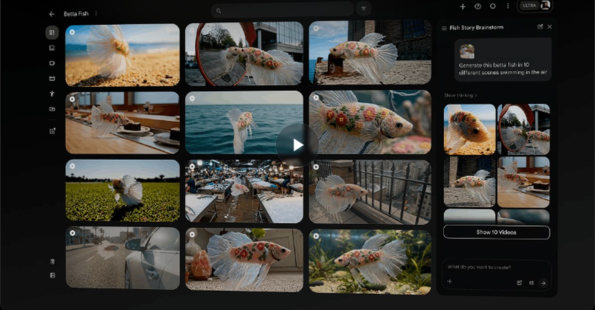 De projectweergave van Google Flow met een raster van gegenereerde clips en een chatpaneel rechts