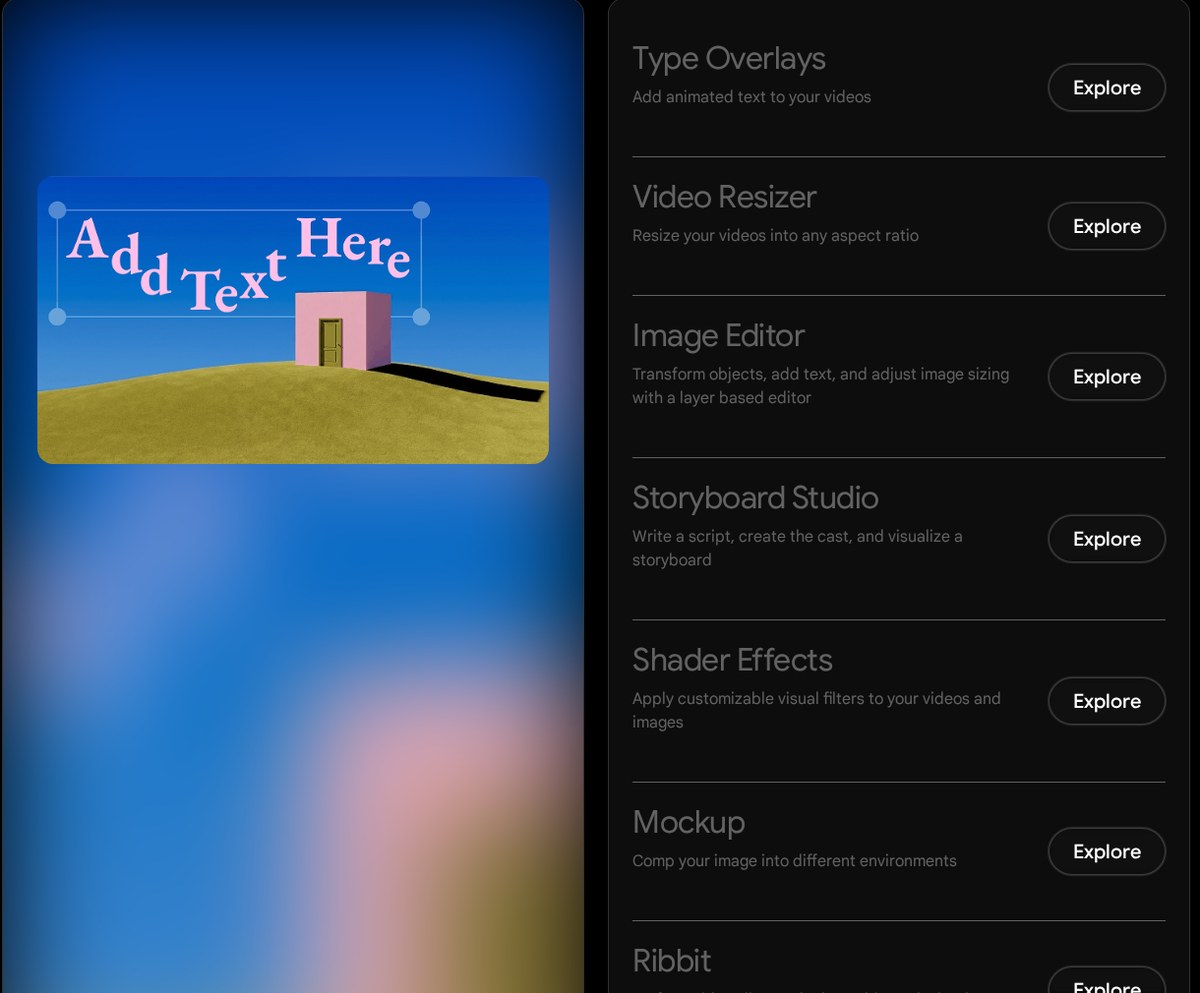Het onderdeel Tools in Google Flow met onder andere Type Overlays, Video Resizer, Image Editor en Storyboard Studio